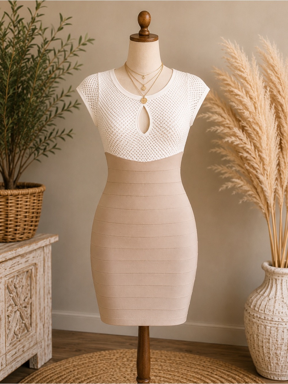 bebe White & Beige Two-Tone Mini Dress